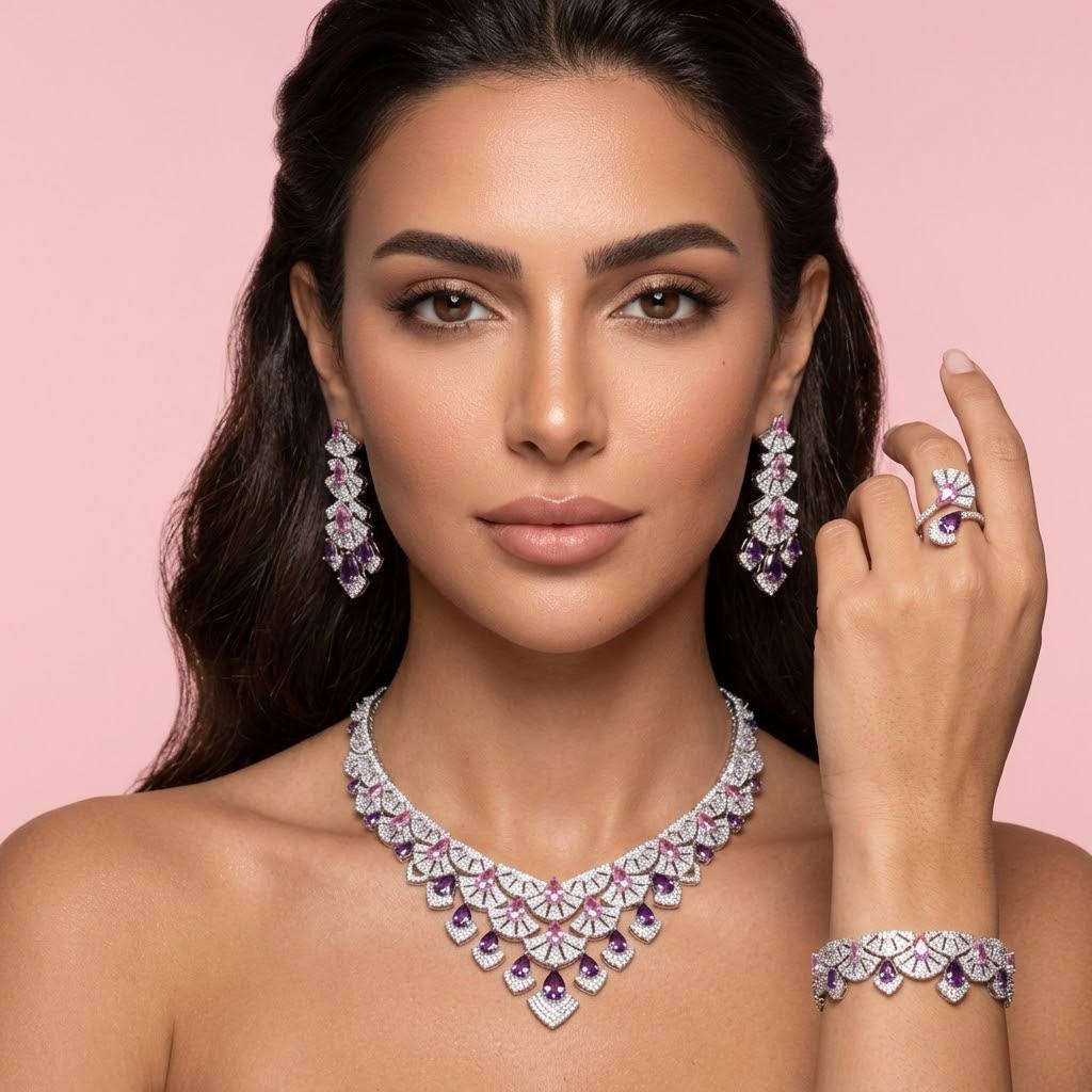 Omnia Lena Pink Luxury Bridal White Full Set In High Quality Zircon Stone Rhodium Plated