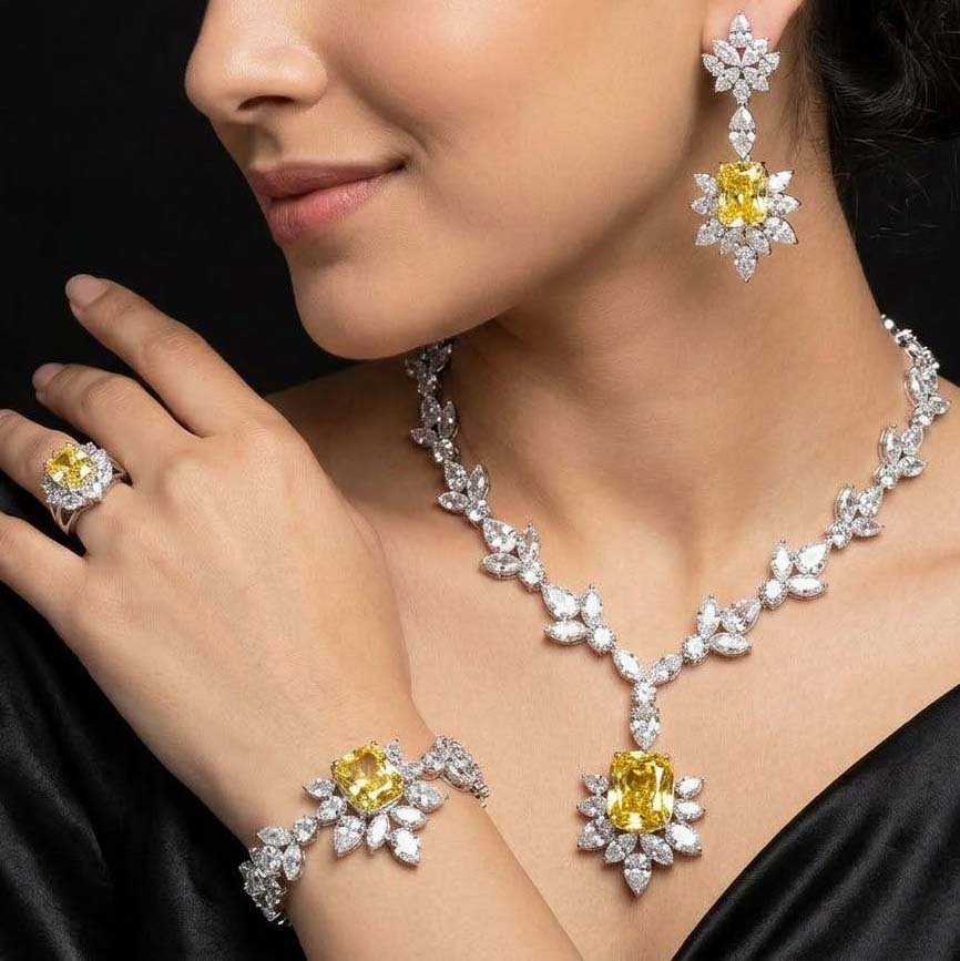 طقم زفاف أمنية ميدوسا الأصفر الكامل من الفضة عيار 925 عالية الجودة ومرصع بالألماس الصناعي