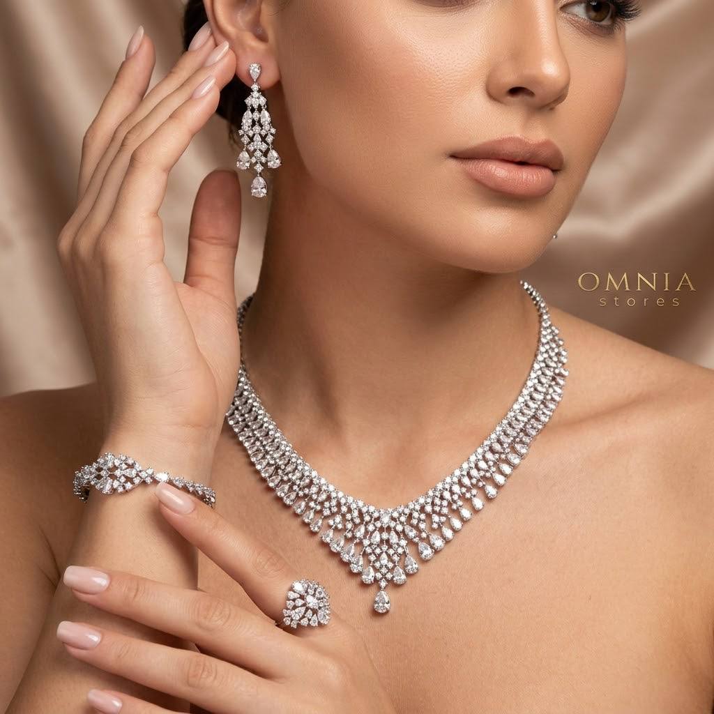 Omnia Melora White Luxury Bridal Full Set with Pear-Cut and Baguette Zircon in Cascading Design in High-Quality Rhodium Plated