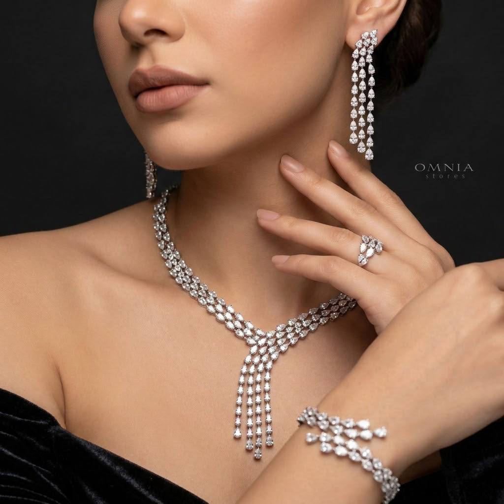 Omnia Michelle White Bridal Full Set Accessories in High Quality Zircon Stone in Rhodium Plated