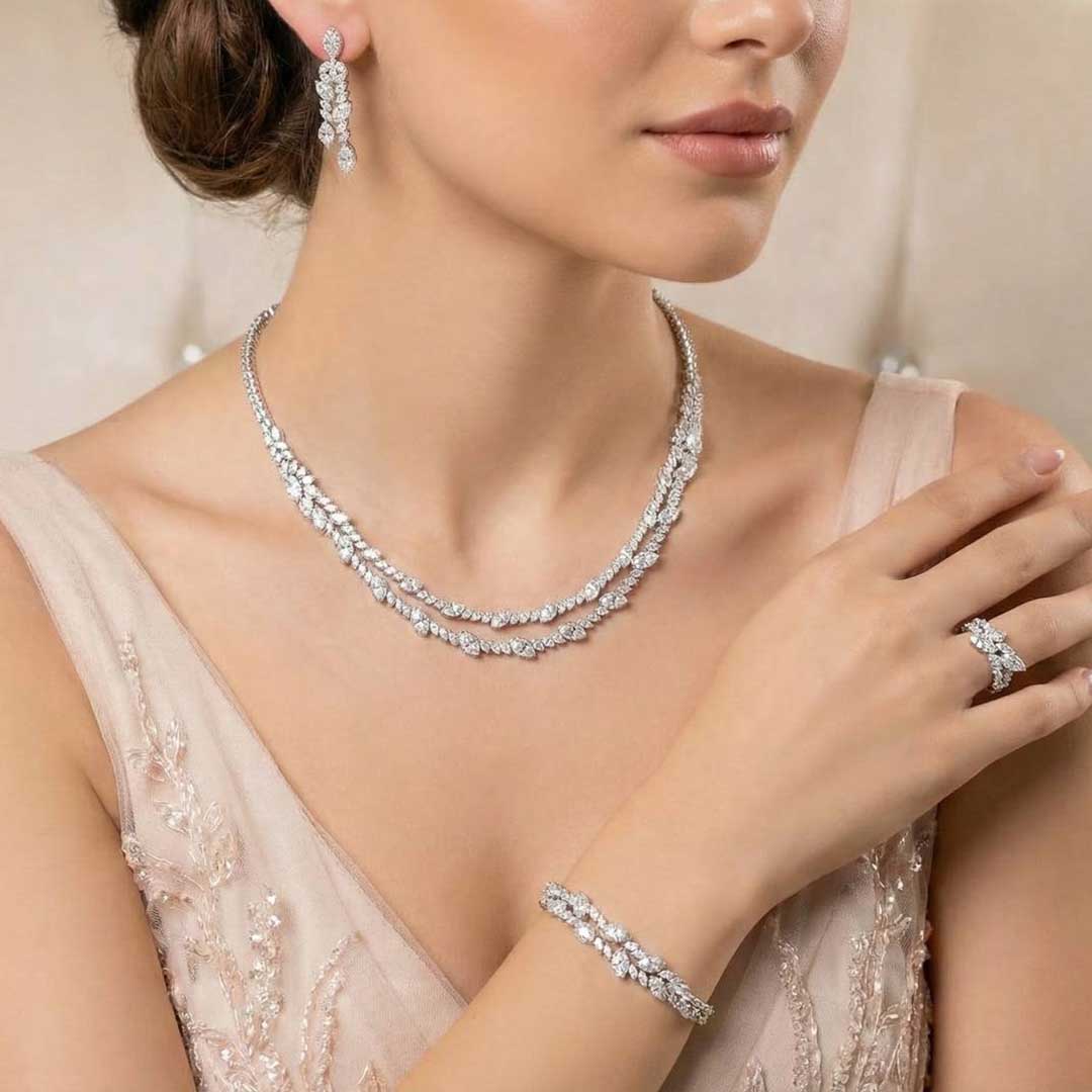 Omnia Nada White Bridal Full Set in High Quality Zircon Stone Rhodium Plated - OMNIASTORES UAE