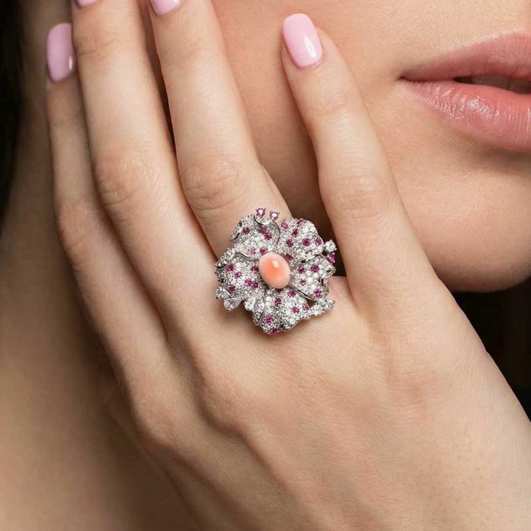 Omina Najiba Pink Coral Flower Ring in 925 Silver with High Quality Simulated Diamonds - OMNIASTORES UAE