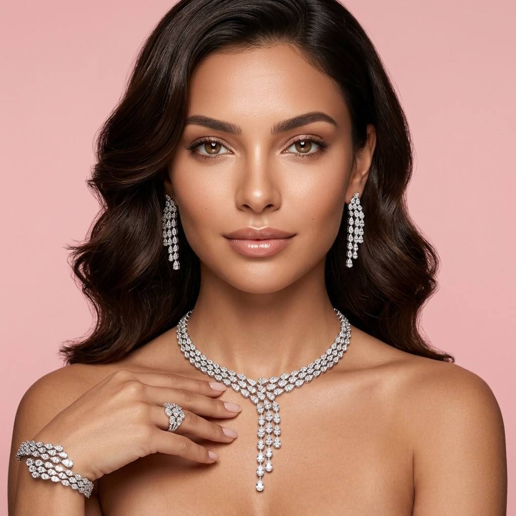 Omnia Nasiha Luxury Bridal White Full Set in High Quality Zircon Stone Rhodium Plated