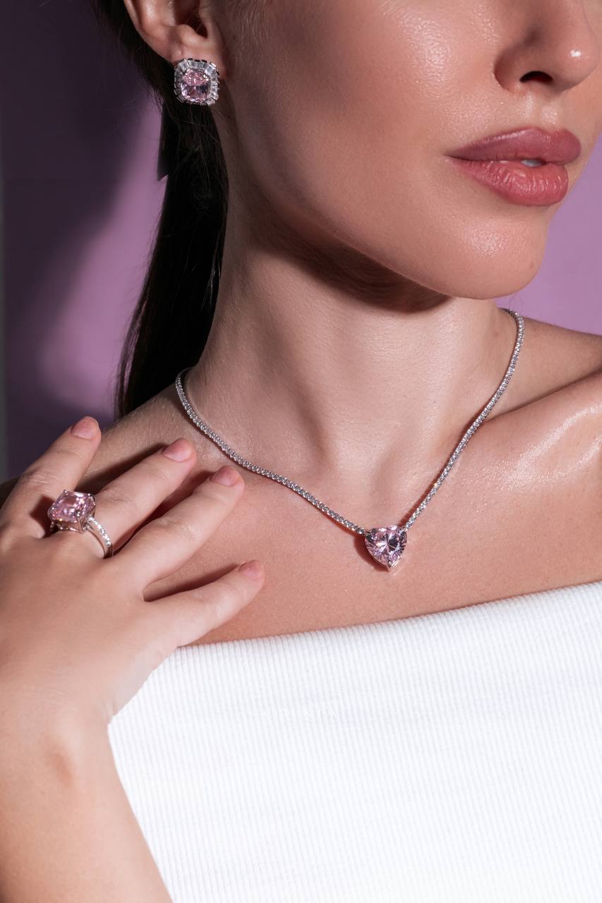 Omnia Heart Pink Necklace 925 Silver in High Quality Simulated Diamonds - OMNIASTORES UAE
