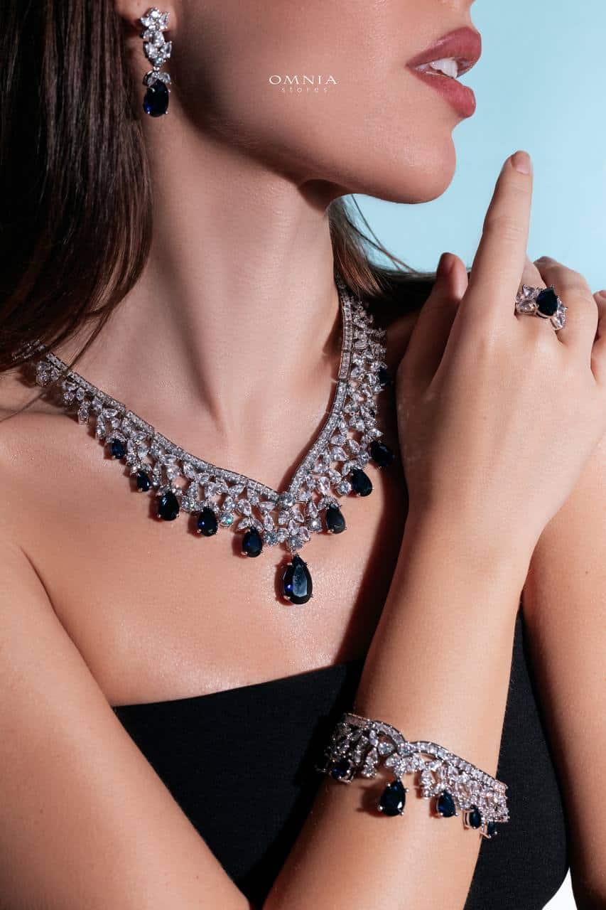 Omnia Princess Dark Blue Bridal Full Set in High Quality Simulated Diamonds