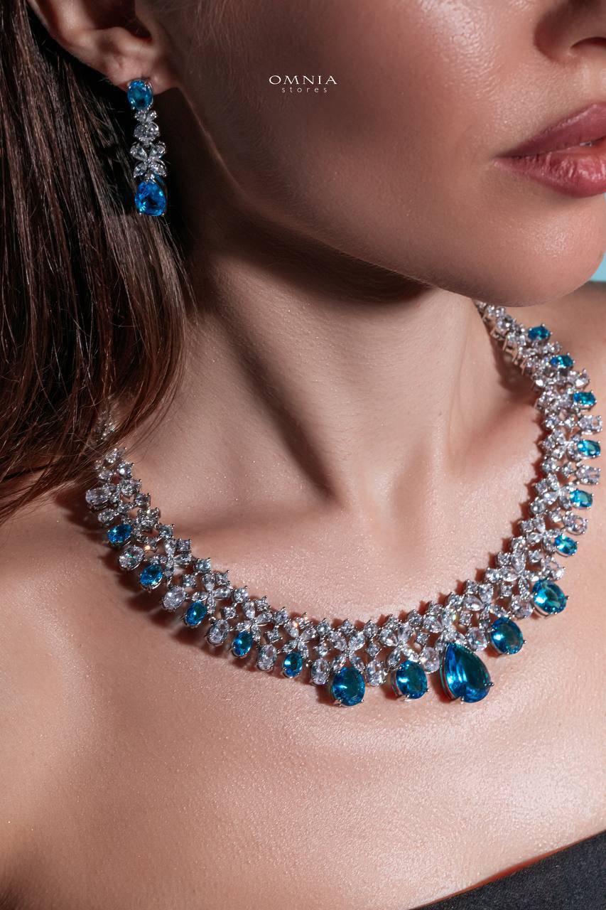 Omnia Suhana Sky Blue Bridal Full Set Designed with Pear-Cut and Round Simulated Diamonds in High-Quality Rhodium Plated Finish - OMNIASTORES UAE