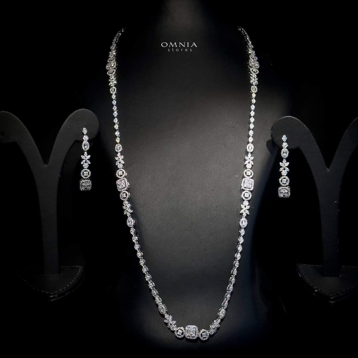 Omnia Shakila White Long Chain Set High Quality Zircon Stone In Rhodium Plated - OMNIASTORES UAE