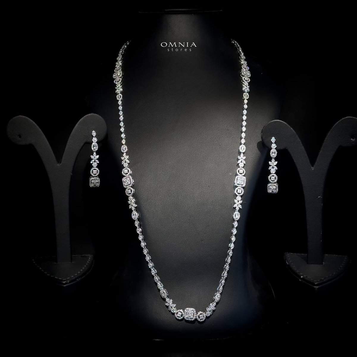 Omnia Shakila White Long Chain Set High Quality Zircon Stone In Rhodium Plated - OMNIASTORES UAE