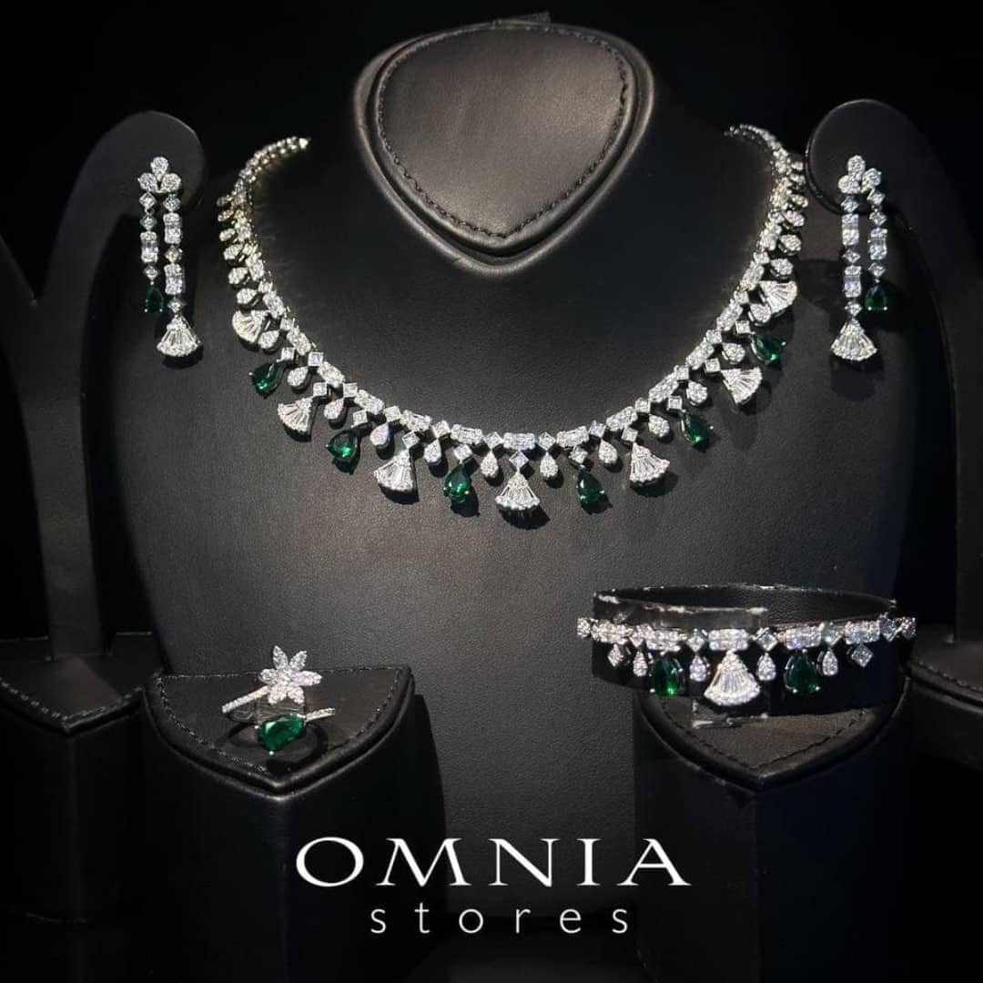 Omnia Marwa Green Full Set in High Quality Zircon Stone in Rhodium Plated - OMNIASTORES UAE