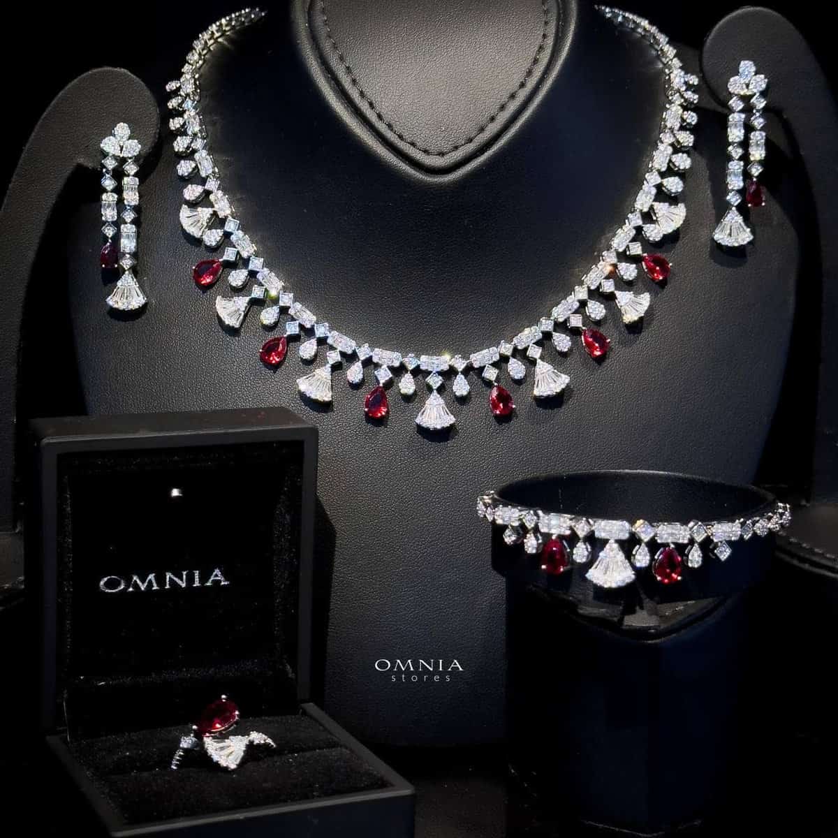 Omnia Marwa Maroon Bridal Full Set in High Quality Zircon Stone Rhodium Plated - OMNIASTORES UAE