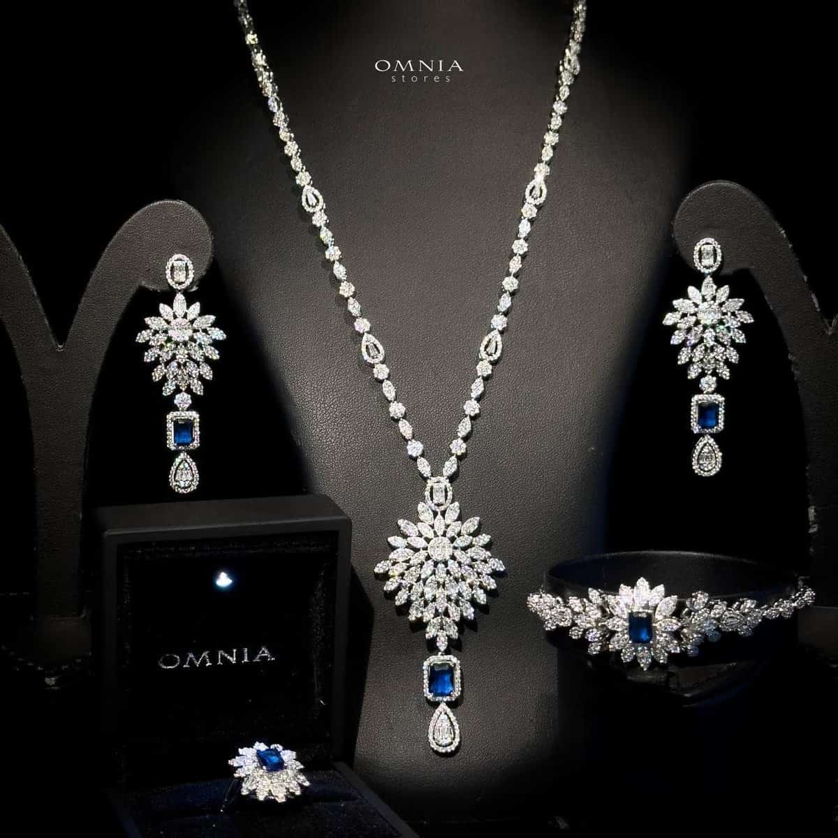 Omnia Duha Blue Long Chain Full Set Accessories in High Quality Zircon Stone Rhodium Plated - OMNIASTORES UAE