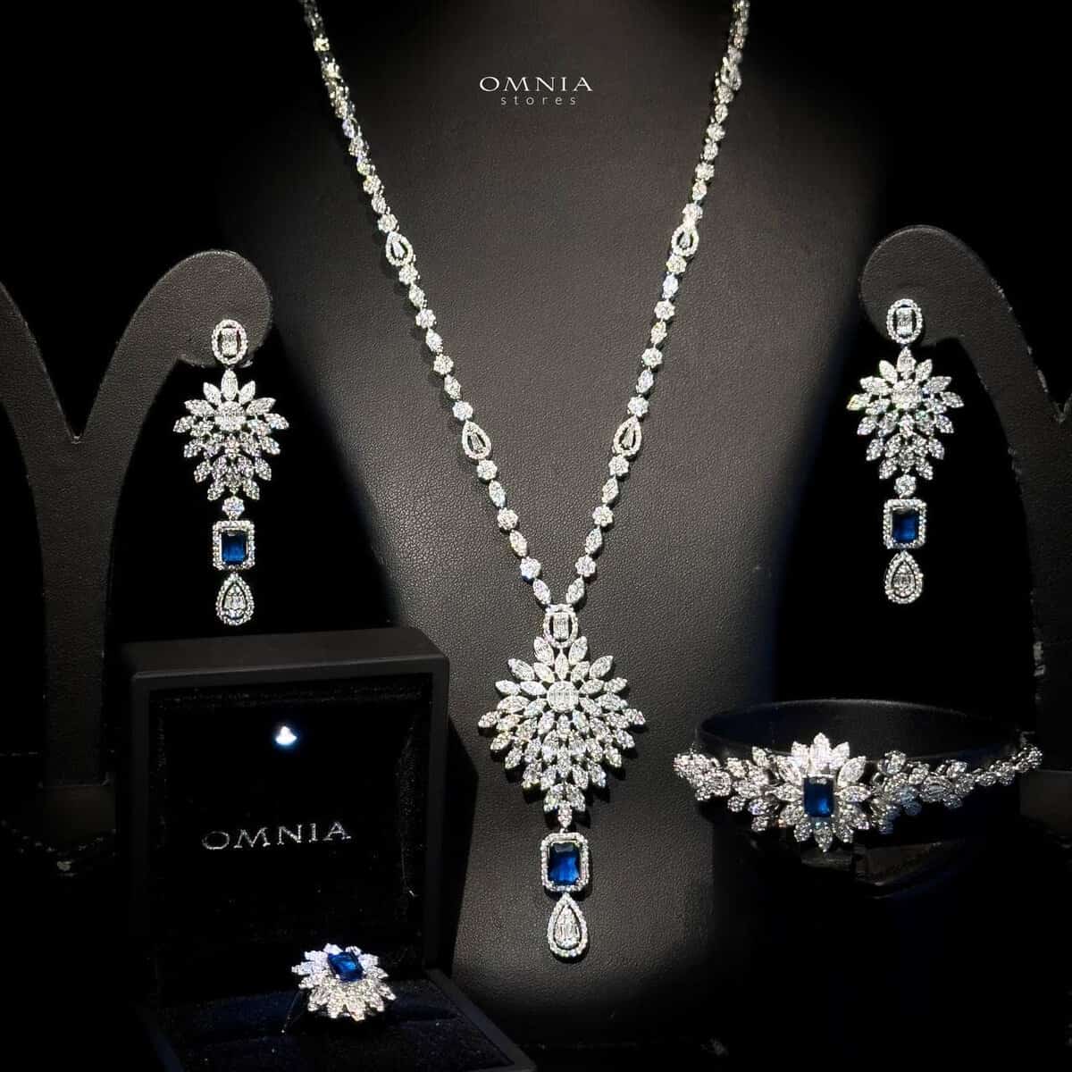 Omnia Duha Blue Long Chain Full Set Accessories in High Quality Zircon Stone Rhodium Plated - OMNIASTORES UAE