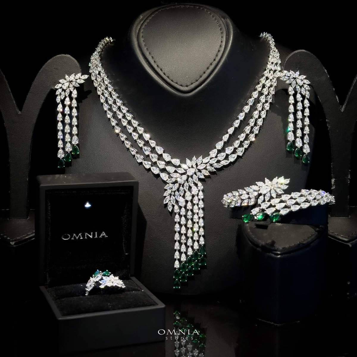 Omnia Rahaf Green Bridal Full Set Accessories in High Quality Zircon Stone in Rhodium Plated - OMNIASTORES UAE