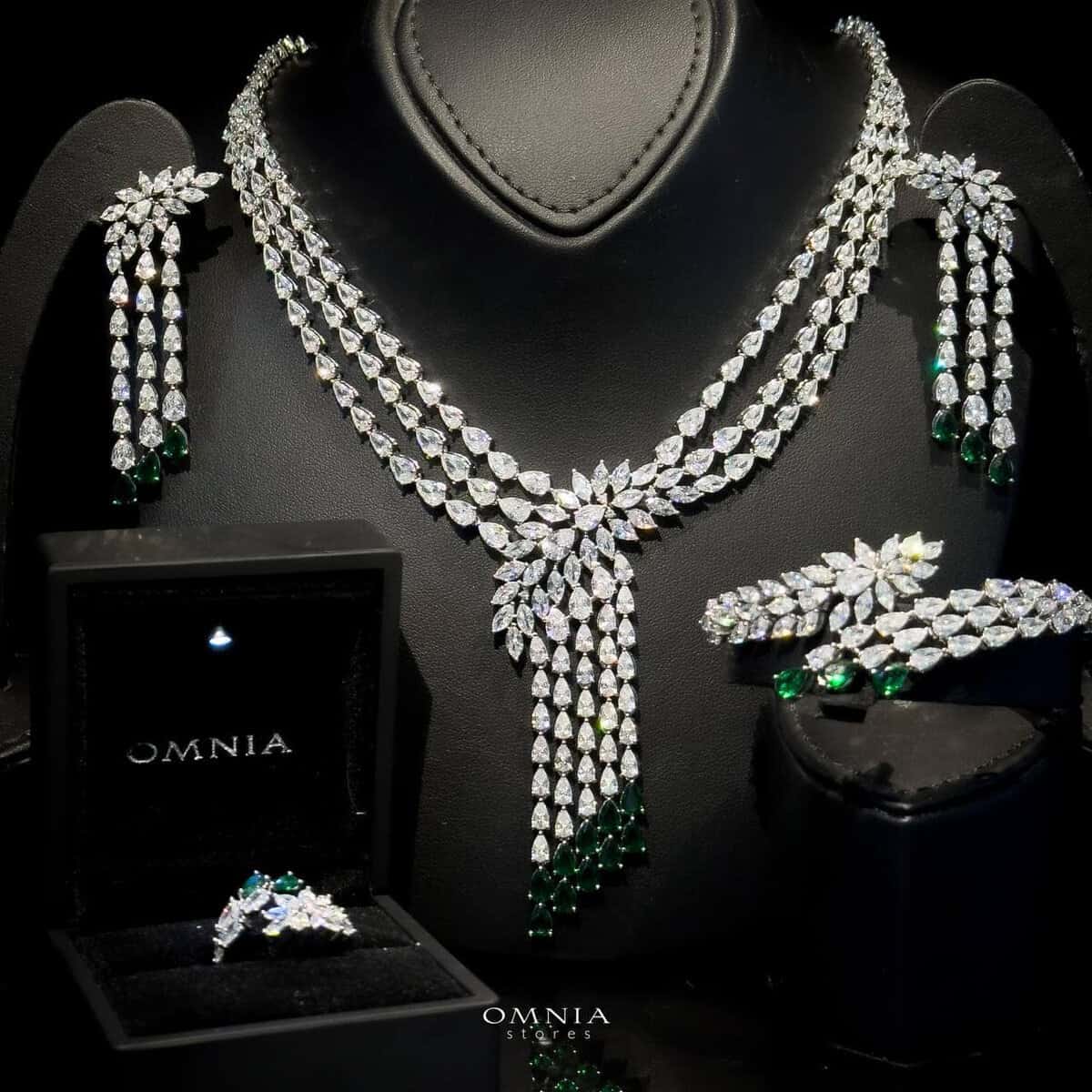 Omnia Rahaf Green Bridal Full Set Accessories in High Quality Zircon Stone in Rhodium Plated - OMNIASTORES UAE