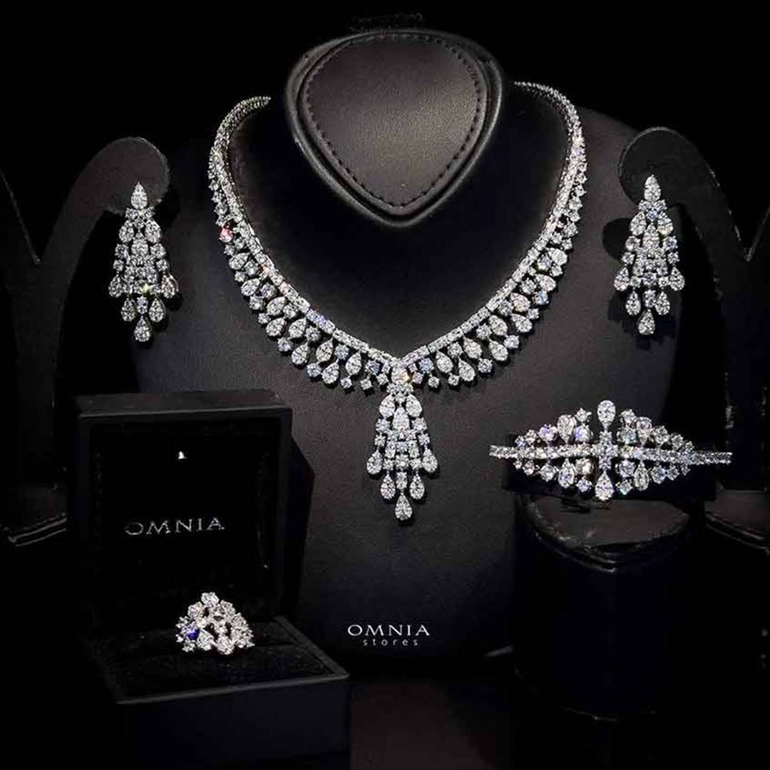Omnia Minerva Bridal Full Set Accessories in High Quality Zircon Stone in Rhodium Plated - OMNIASTORES UAE