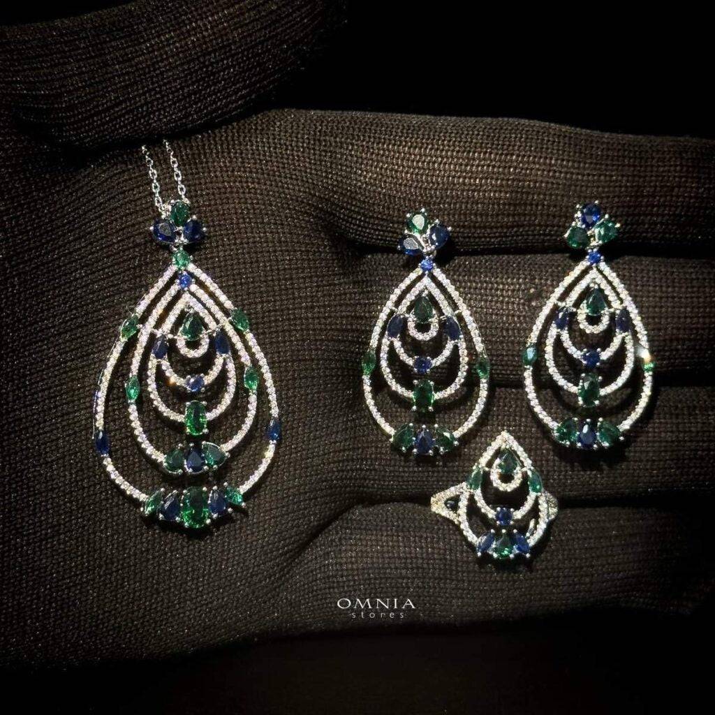 Omnia Mira Green & Blue Set Accessories in High Quality Zircon Stone - OMNIASTORES UAE