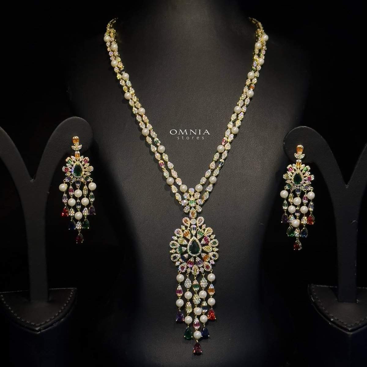 Omnia Inas Golden Long Chain Full Set Accessories High Quality Zircon Stone In Rhodium Plated - OMNIASTORES UAE