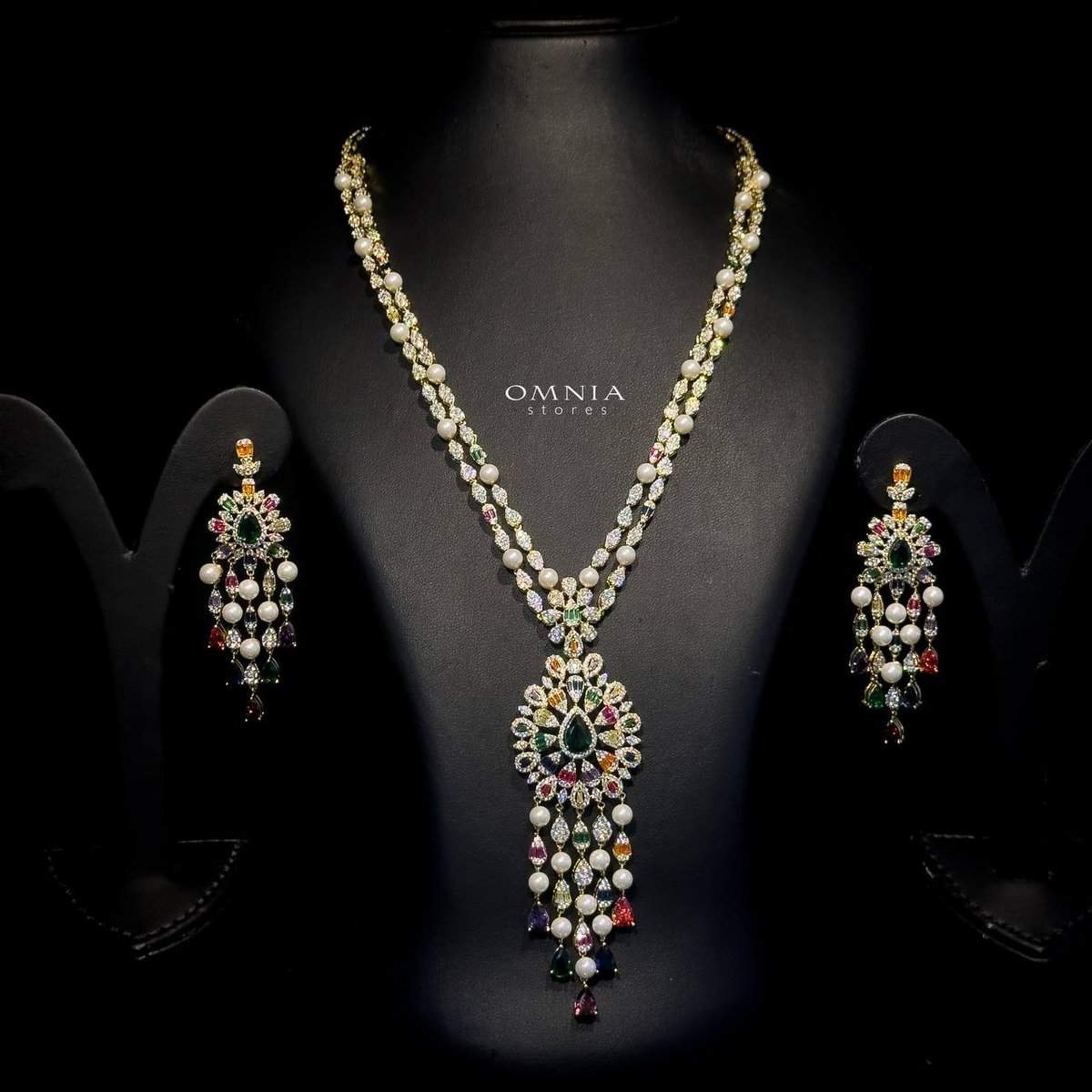 Omnia Inas Golden Long Chain Full Set Accessories High Quality Zircon Stone In Rhodium Plated - OMNIASTORES UAE