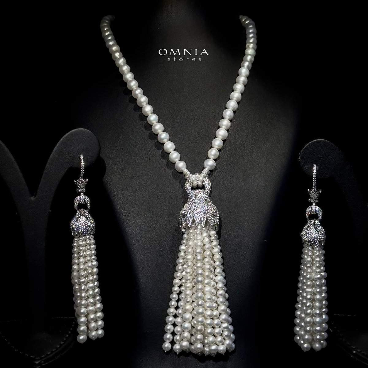 Omnia Munira Leopard Fresh Real Water Pearl Set in 92.5 Silver High Quality Simulated diamonds - OMNIASTORES UAE