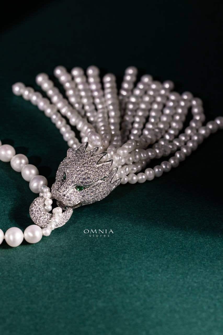 Omnia Munira Leopard Fresh Real Water Pearl Set in 92.5 Silver High Quality Simulated diamonds - OMNIASTORES UAE