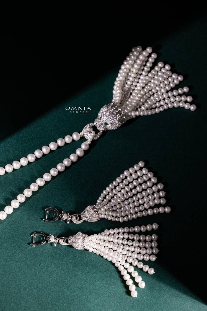Omnia Munira Leopard Fresh Real Water Pearl Set in 92.5 Silver High Quality Simulated diamonds - OMNIASTORES UAE