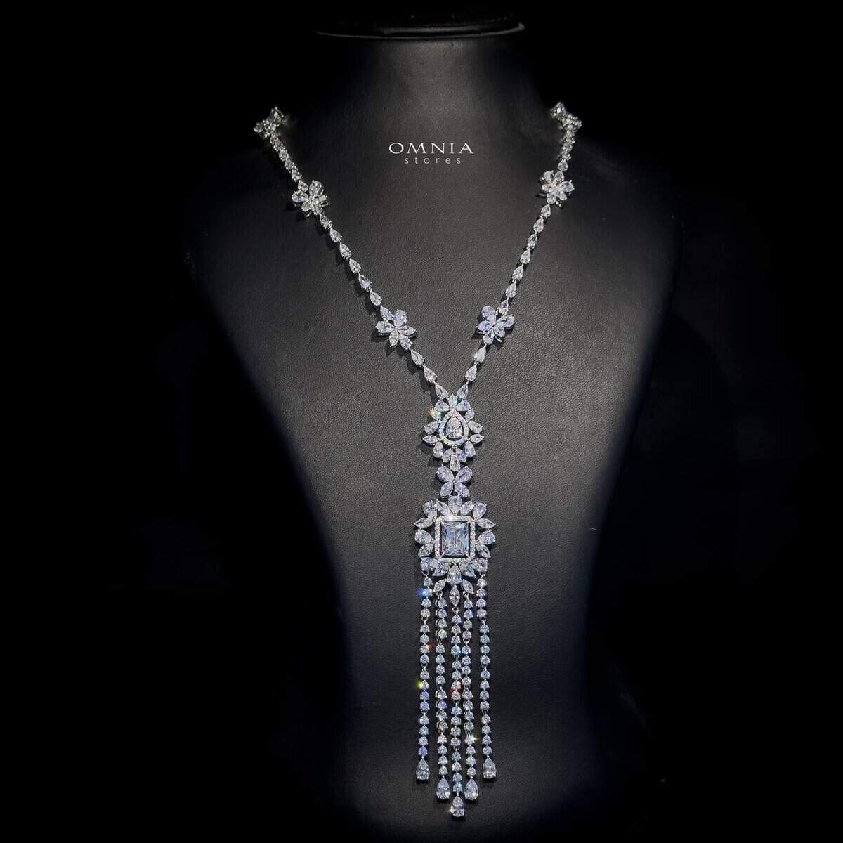 Omnia Raghad Long chain Set High Quality Zircon Stone In Rhodium Plated - OMNIASTORES UAE