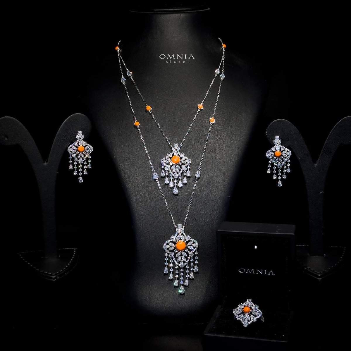 Omnia Abeer Orange Long chain Set High Quality Zircon Stone In Rhodium Plated - OMNIASTORES UAE