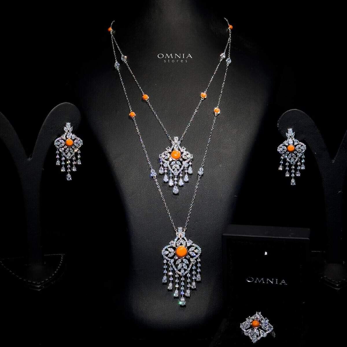 Omnia Abeer Orange Long chain Set High Quality Zircon Stone In Rhodium Plated - OMNIASTORES UAE