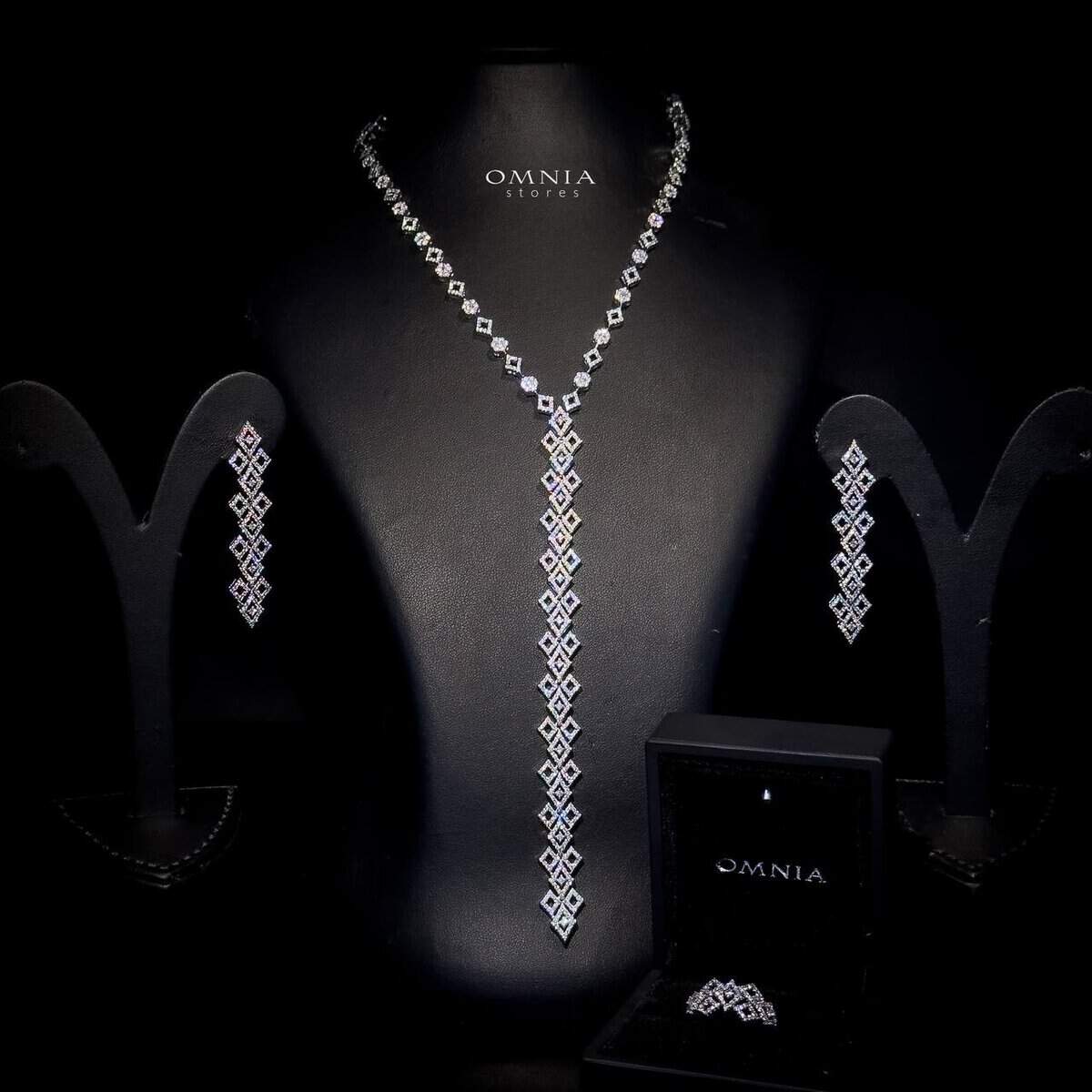 Omnia Hanan Long chain Set Accessories High Quality Zircon Stone In Rhodium Plated - OMNIASTORES UAE