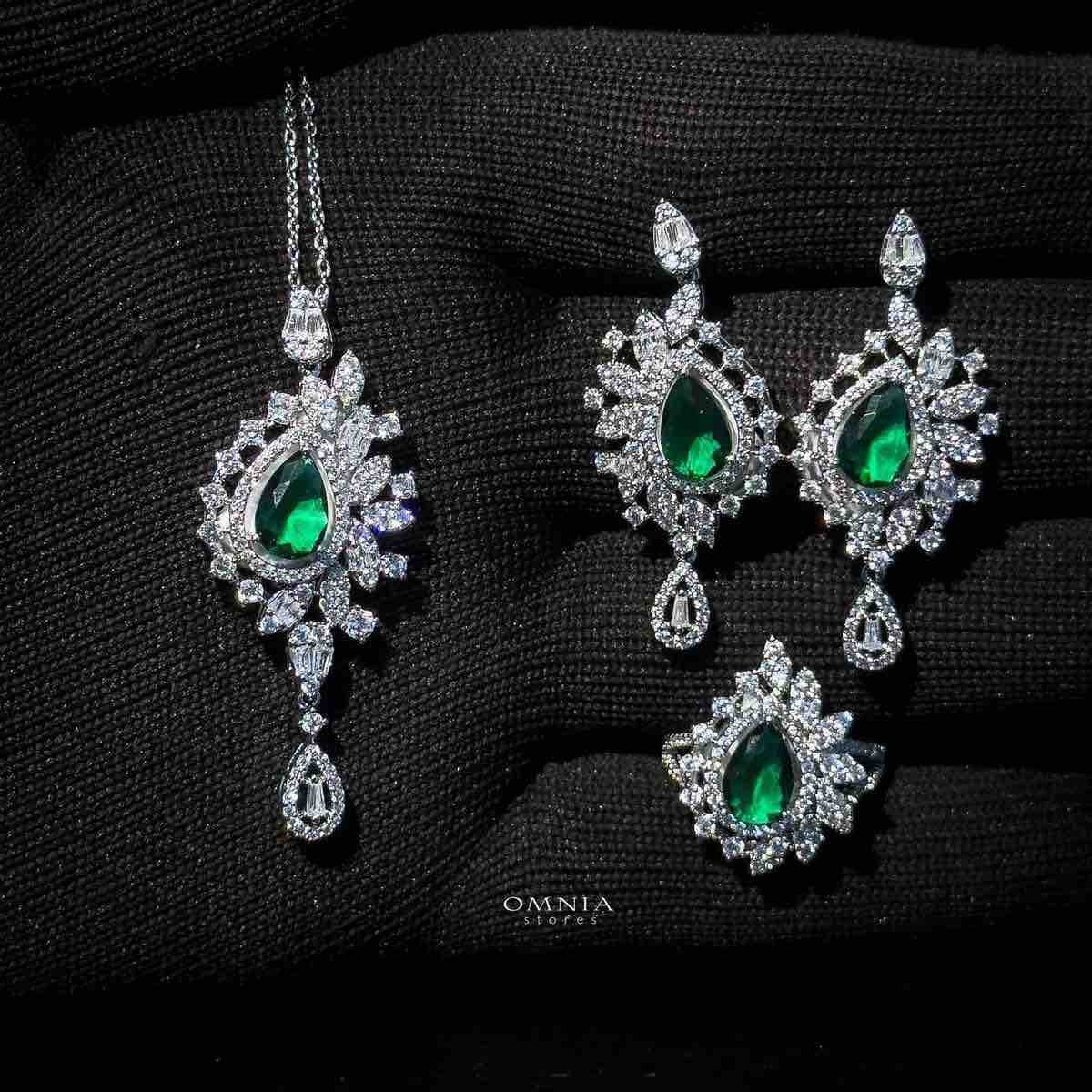 Omnia Safa Sandra Green Bundle Set in High Quality Zircon Stone Rhodium Plated