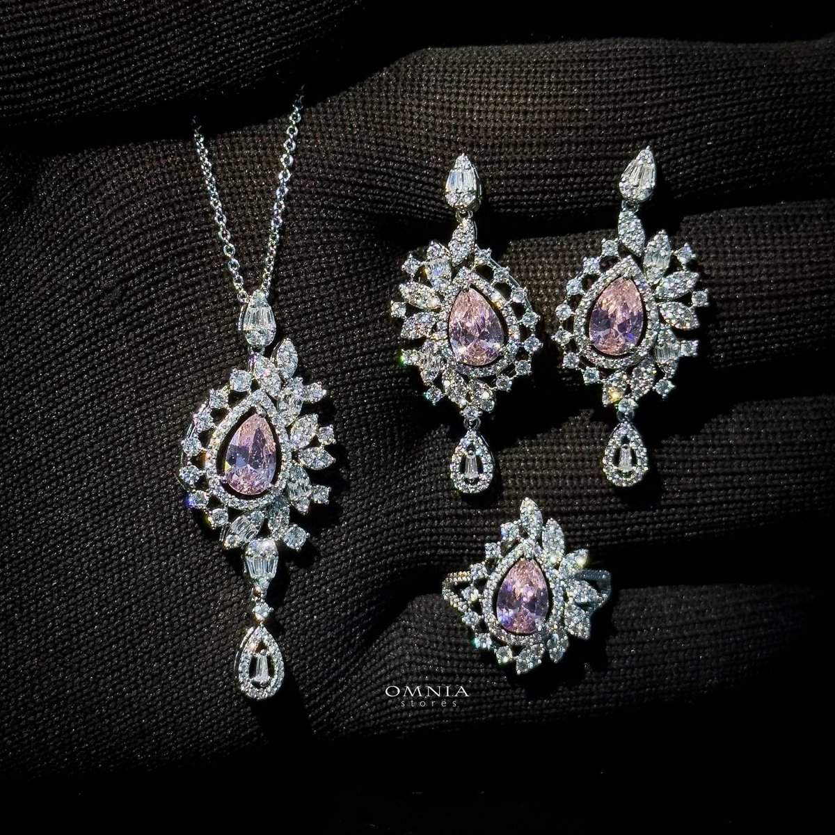 Omnia Sandra Pink Set Accessories in High Quality Zircon Stone Rhodium Plated - OMNIASTORES UAE