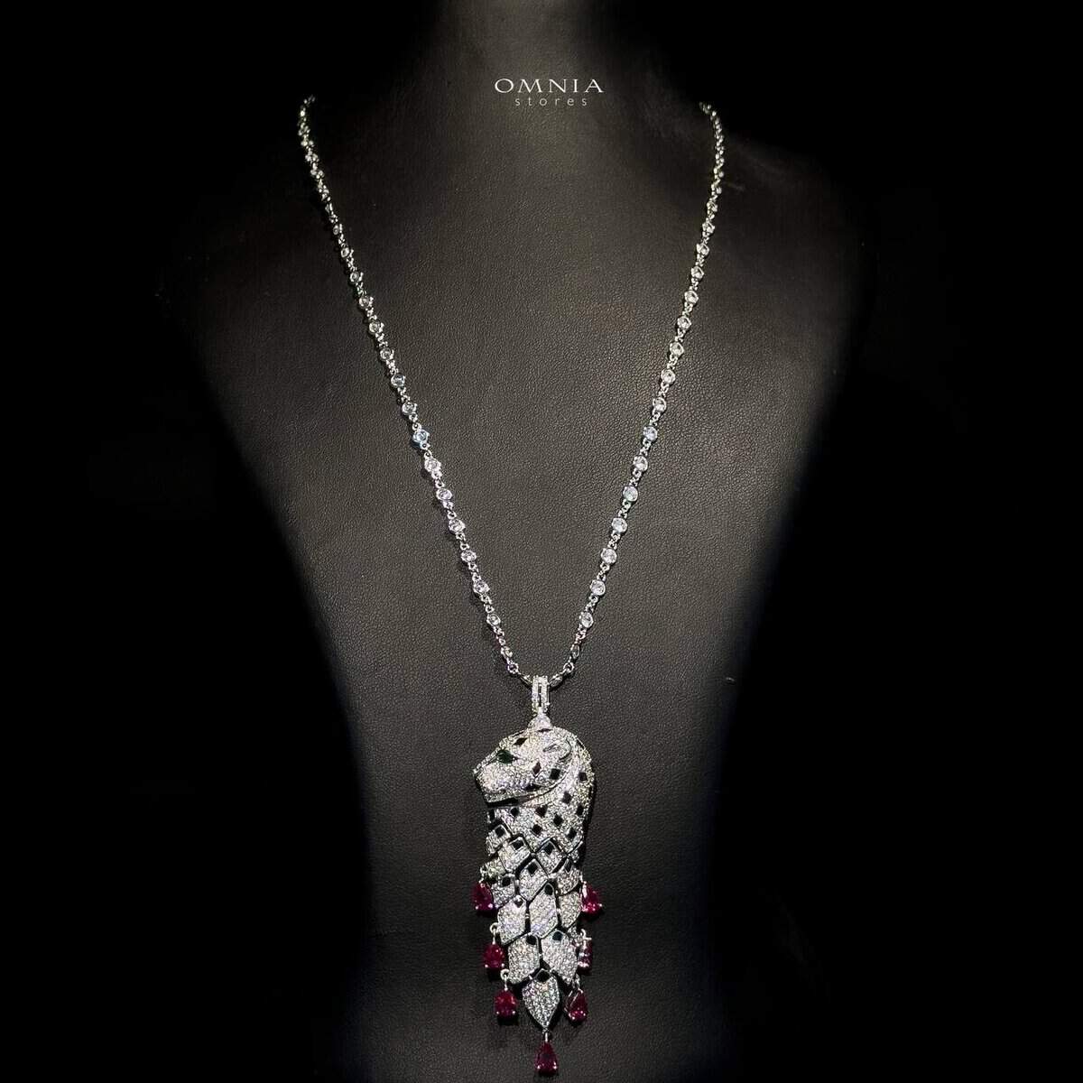 Omnia Leopard Red Long Chain Set in 92.5 Silver High Quality Simulated diamonds - OMNIASTORES UAE