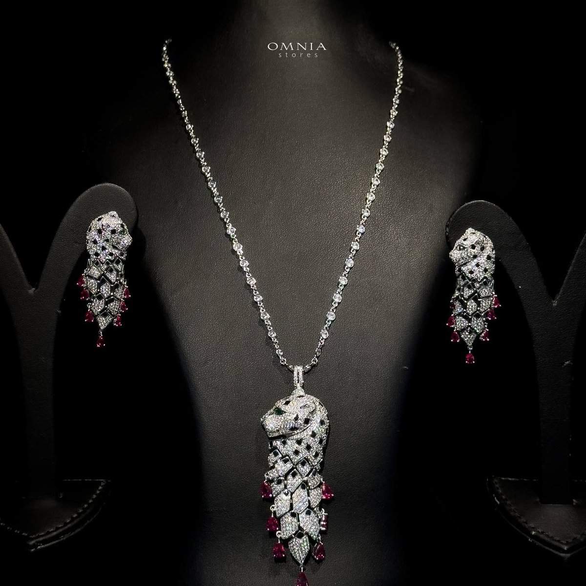Omnia Leopard Red Long Chain Set in 92.5 Silver High Quality Simulated diamonds - OMNIASTORES UAE