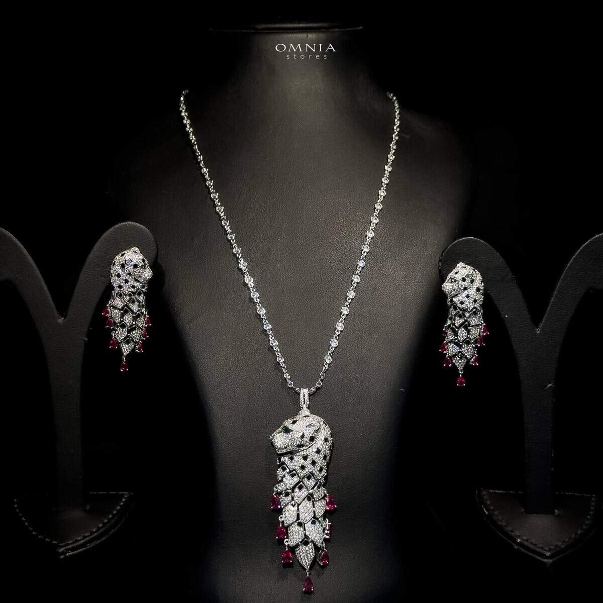 Omnia Leopard Red Long Chain Set in 92.5 Silver High Quality Simulated diamonds - OMNIASTORES UAE