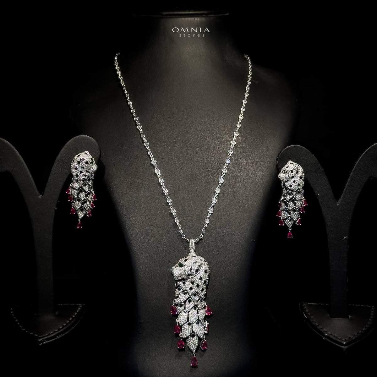 Omnia Leopard Red Long Chain Set in 92.5 Silver High Quality Simulated diamonds - OMNIASTORES UAE