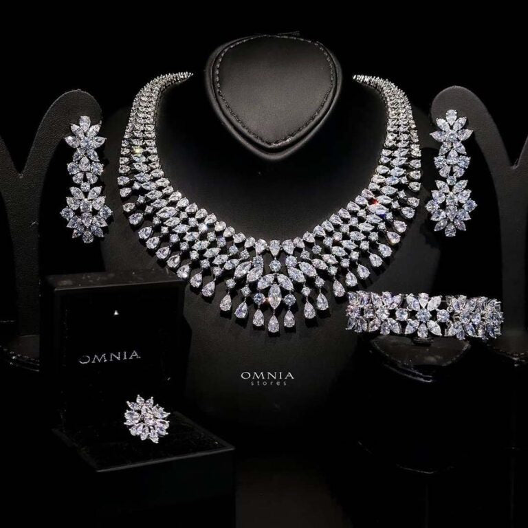 Omnia Sherine White Luxury Bridal Full Set with Emerald and Pear-Cut High-Quality Simulated Diamonds Rhodium Plated - OMNIASTORES UAE