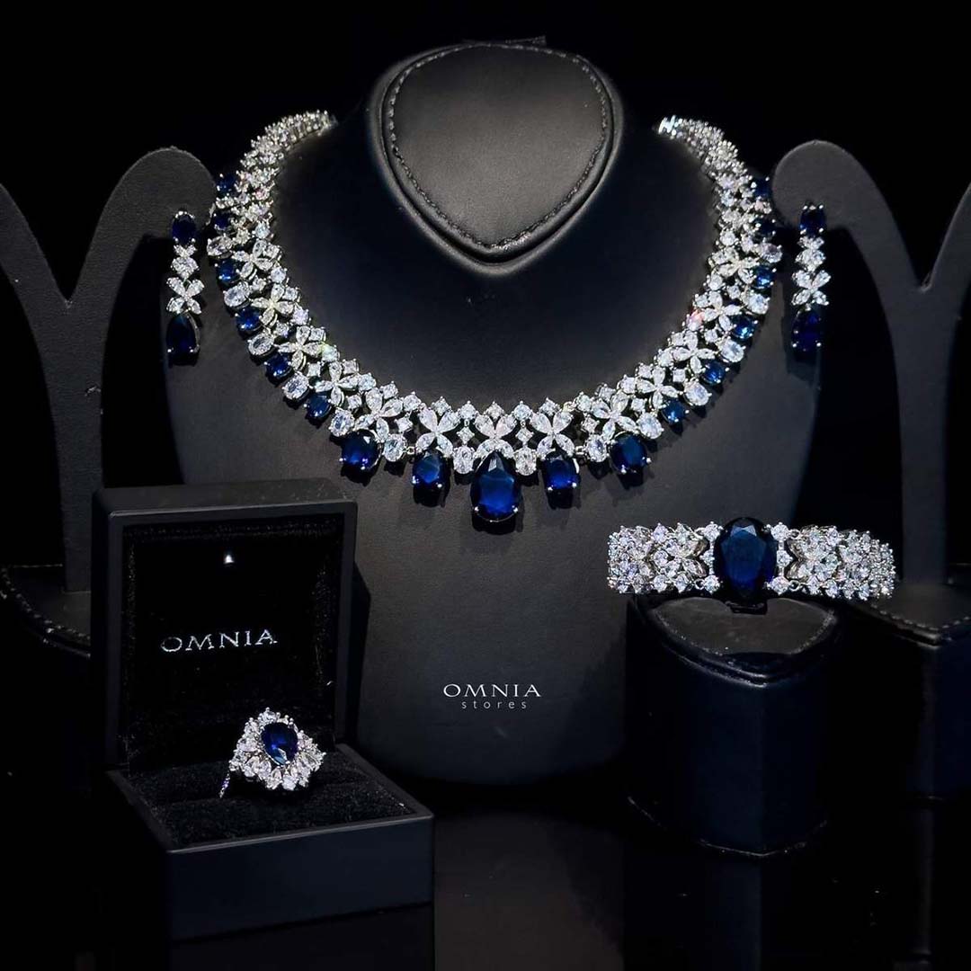 Omnia Suhana Dark Blue Bridal Full Set in High Quality Simulated Diamonds(size 17 only in ksa)