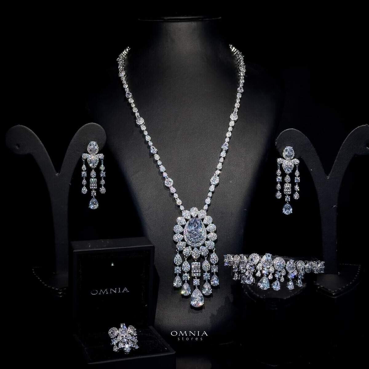 Omnia Aleya White Bridal Full Long chain Set in High Quality Simulated Diamonds