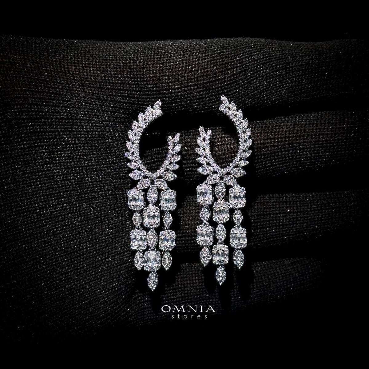 Omnia Ahlam White Drop Down Earrings in High Quality Zircon Stone in Rhodium Plated - OMNIASTORES UAE