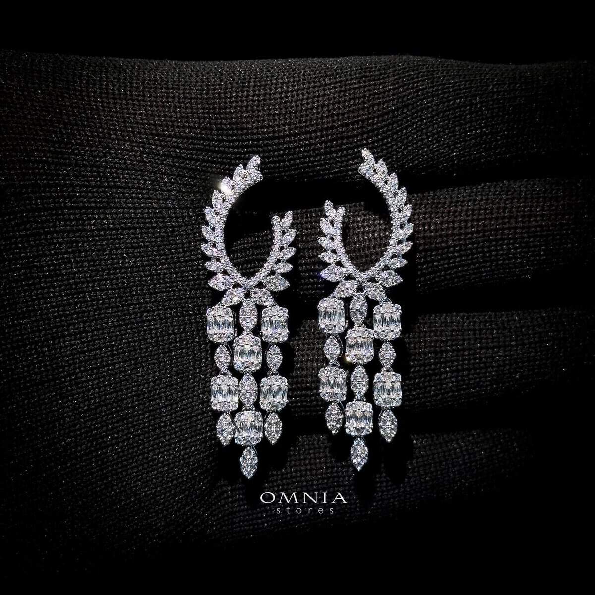 Omnia Ahlam White Drop Down Earrings in High Quality Zircon Stone in Rhodium Plated - OMNIASTORES UAE