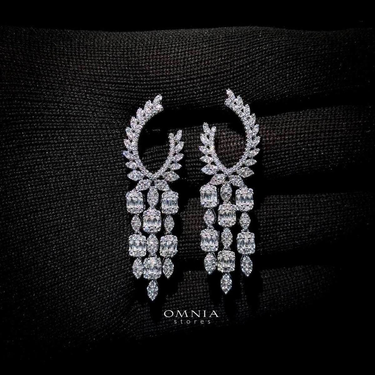 Omnia Ahlam White Drop Down Earrings in High Quality Zircon Stone in Rhodium Plated - OMNIASTORES UAE