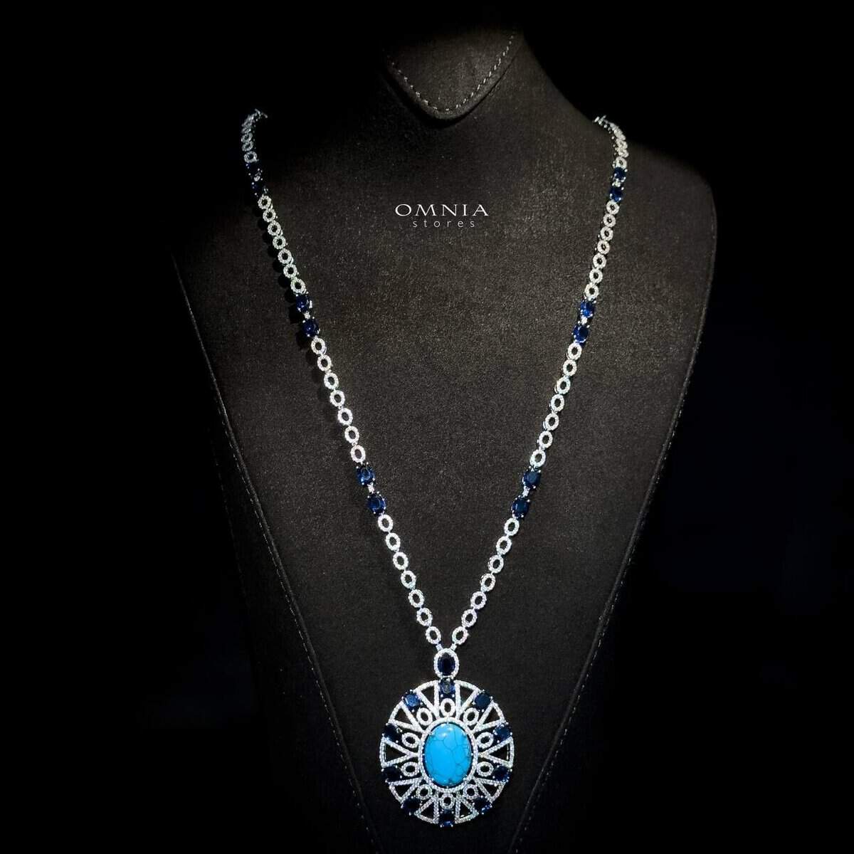 Omnia Ayala Blue Bridal Long Chain Full Set Accessories High Quality Zircon Stone In Rhodium Plated - OMNIASTORES UAE