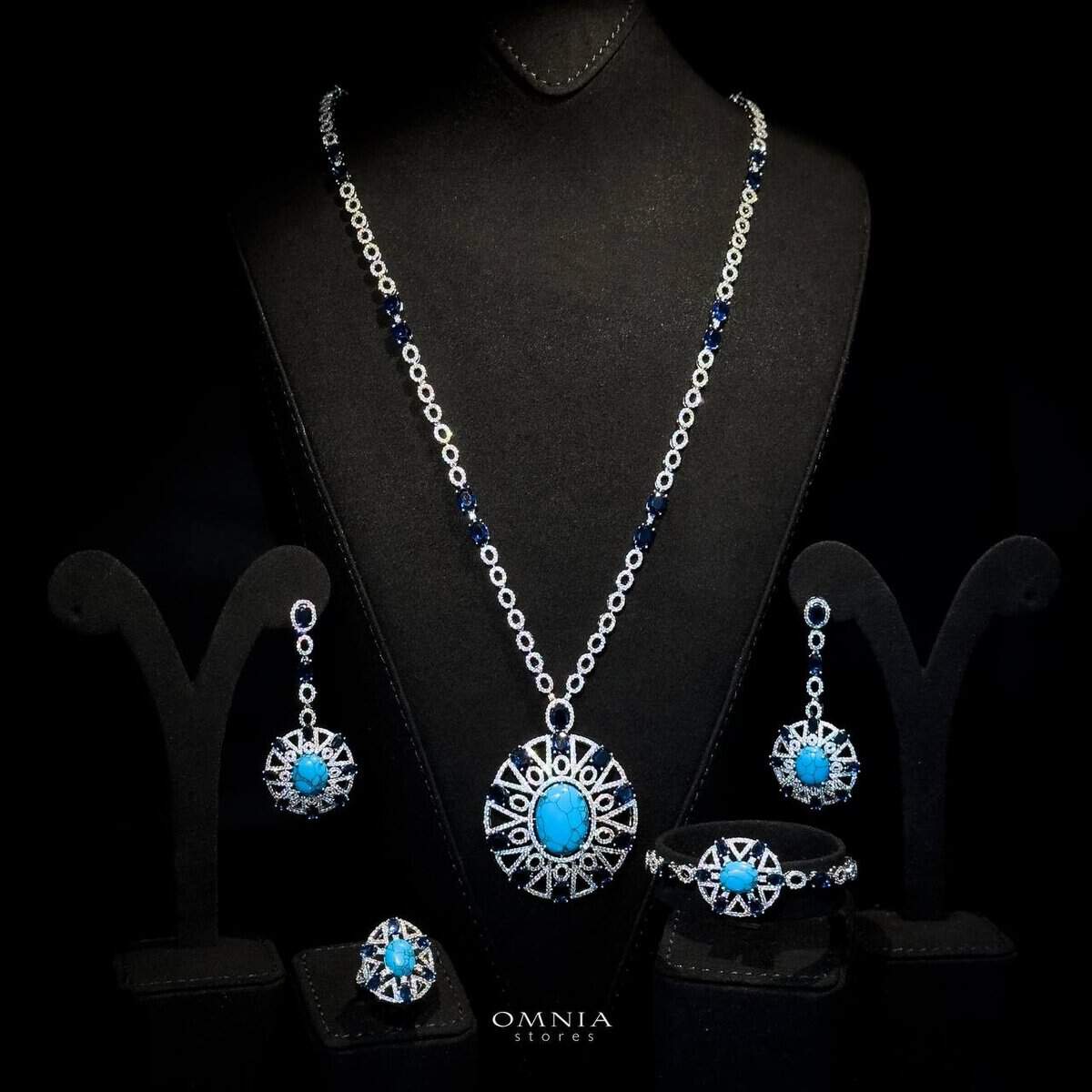 Omnia Ayala Blue Bridal Long Chain Full Set Accessories High Quality Zircon Stone In Rhodium Plated - OMNIASTORES UAE