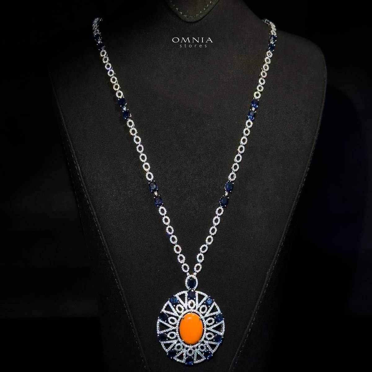 Omnia Ayala Orange & Blue Bridal Long Chain Full Set Accessories High Quality Zircon Stone In Rhodium Plated - OMNIASTORES UAE