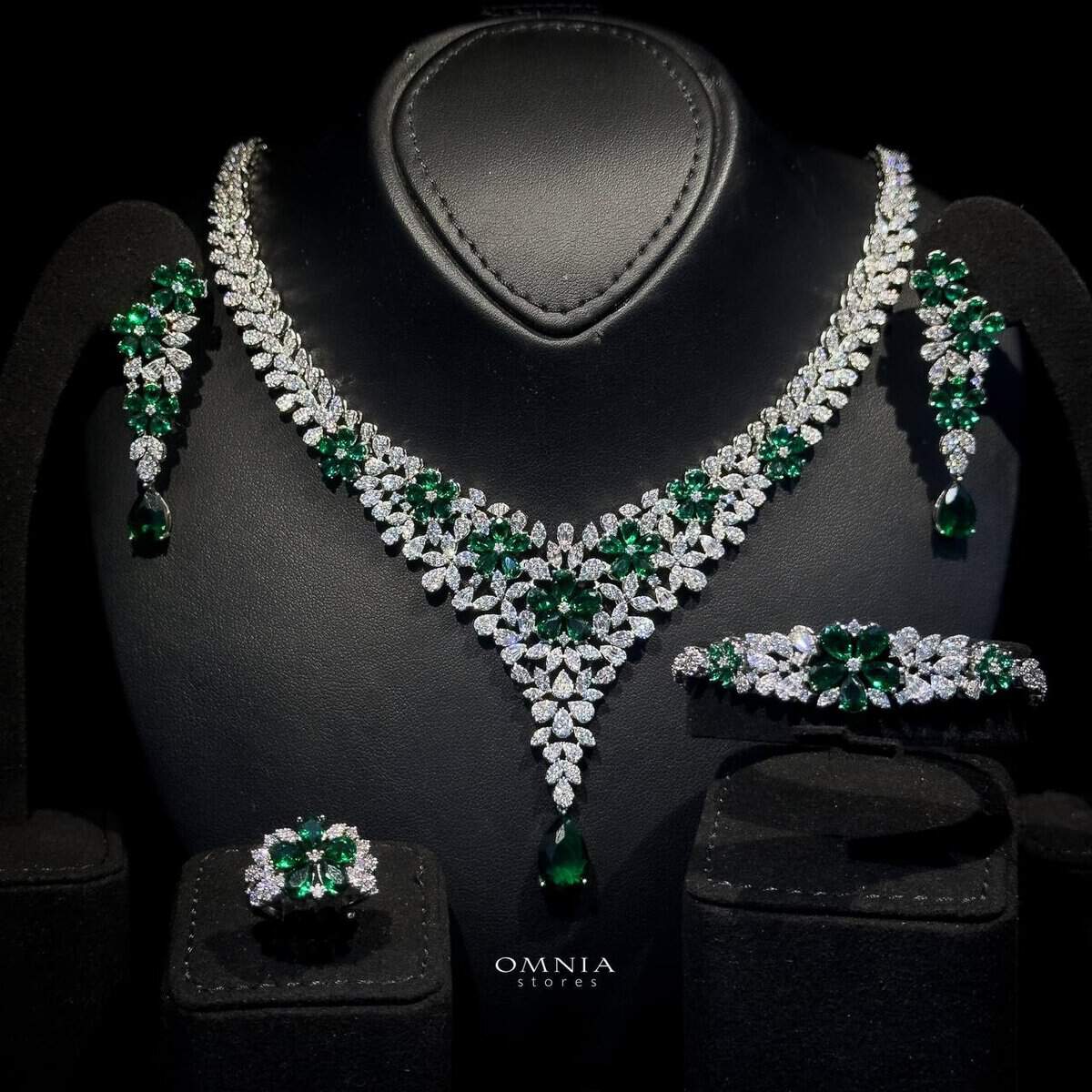 Omnia Azhar Green Bridal Full Set in High Quality Zircon Stone Rhodium Plated - OMNIASTORES UAE