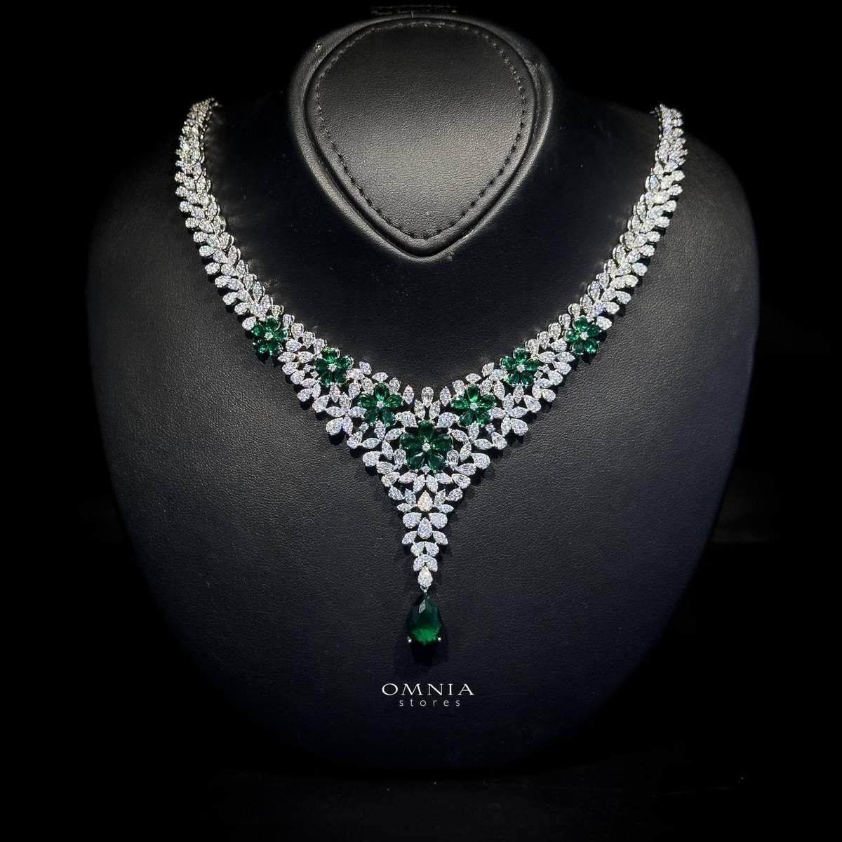 Omnia Azhar Green Bridal Full Set in High Quality Zircon Stone Rhodium Plated - OMNIASTORES UAE