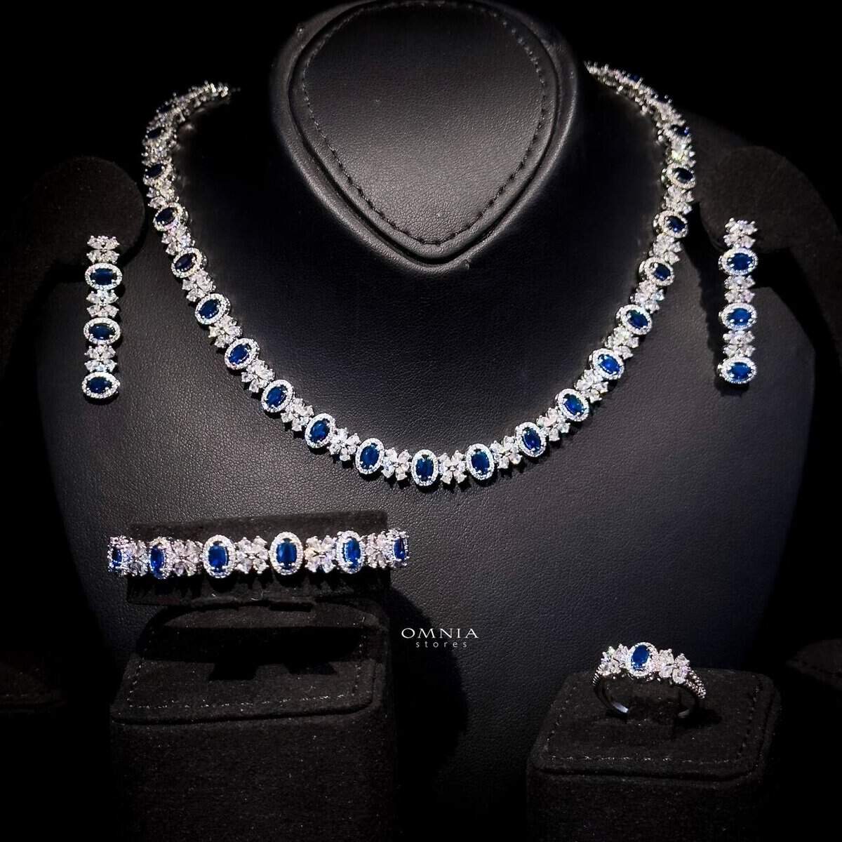 Omnia Mira Blue Bridal Full Set in High Quality Zircon Stone Rhodium Plated - OMNIASTORES UAE