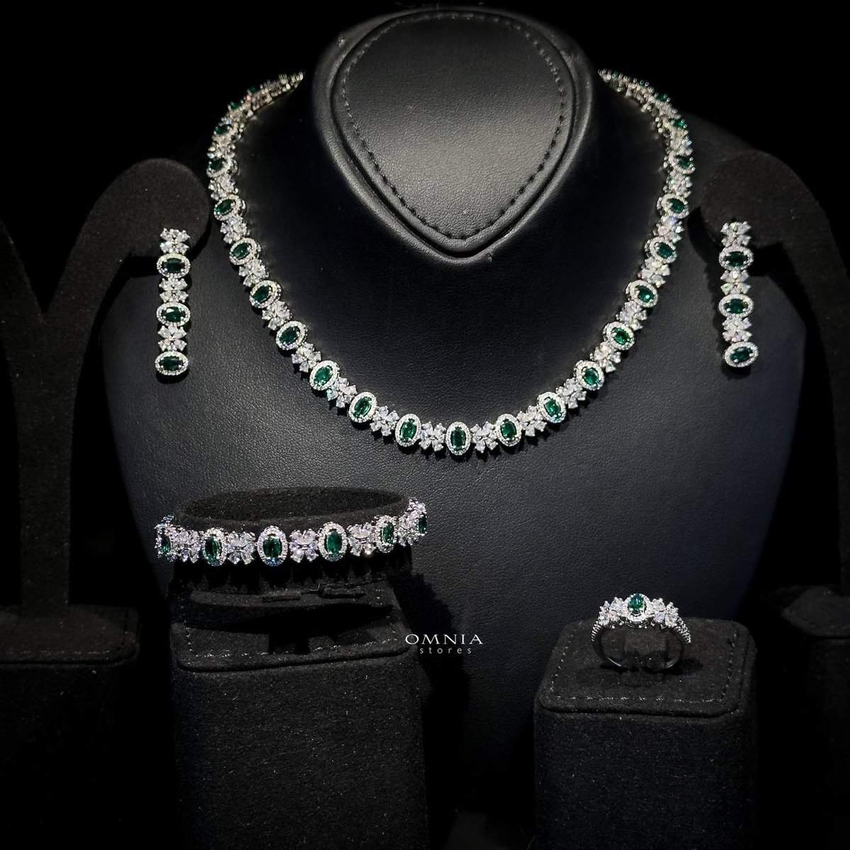 Omnia Mira Green Bridal Full Set in High Quality Zircon Stone Rhodium Plated - OMNIASTORES UAE