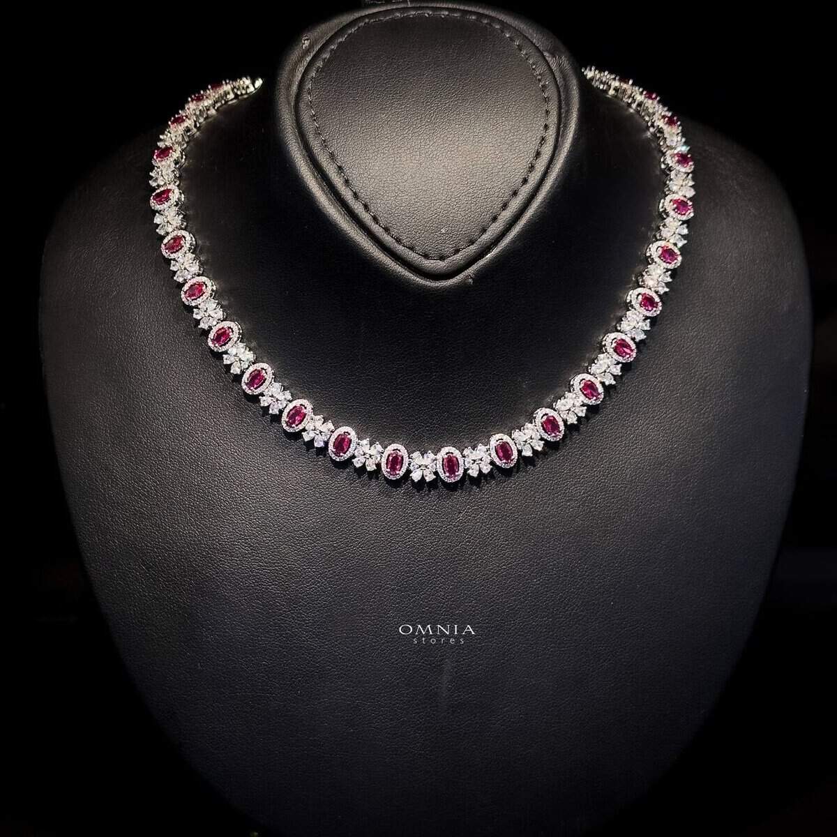 Omnia Mira Maroon Bridal Full Set in High Quality Zircon Stone Rhodium Plated - OMNIASTORES UAE