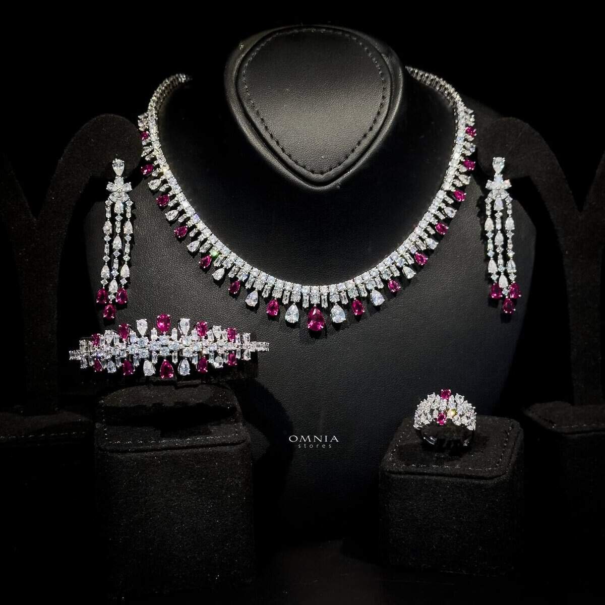 Omnia Nisrine Maroon Bridal Full Set Accessories in High Quality Zircon Stone in Rhodium Plated - OMNIASTORES UAE
